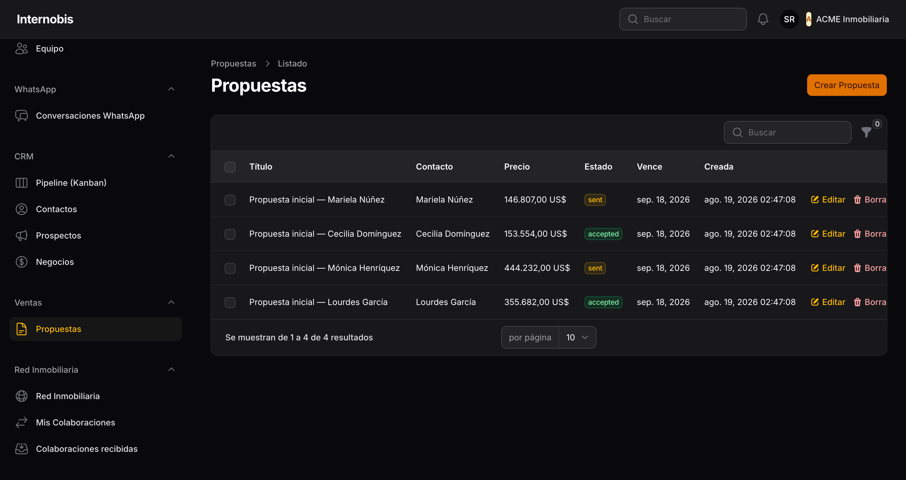 Listado de propuestas de venta de Internobis con precio, estado y vencimiento